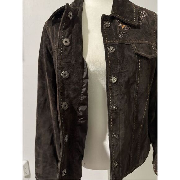 Coldwater Creek brown suede Leather stitching details sequin beaded embellishmen - Picture 10 of 10